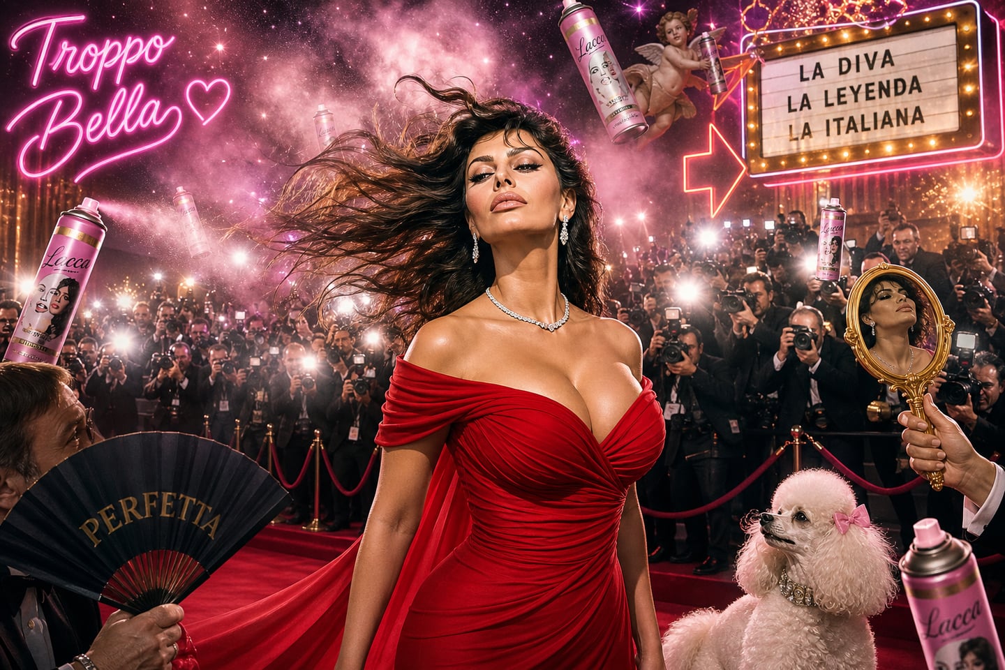 A surreal glam scene featuring an elegant Italian celebrity-inspired woman in a sparkling red carpet universe, dramatic slow-motion wind, floating hairspray cloud, neon gold and pink lights, exaggerated paparazzi flashes, kitschy and humorous atmosphere, cinematic composition, high detail