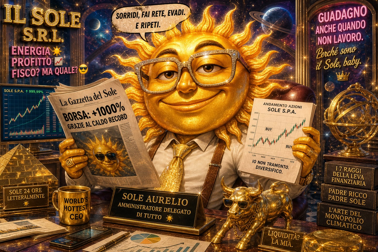 A surreal parody of a sun as a corporate finance executive, wearing oversized glasses, tie, and holding newspapers and stock charts, shiny gold and pastel glitter aesthetic, absurd Italian meme style, cosmic office background, high detail, funny, surreal, vibrant